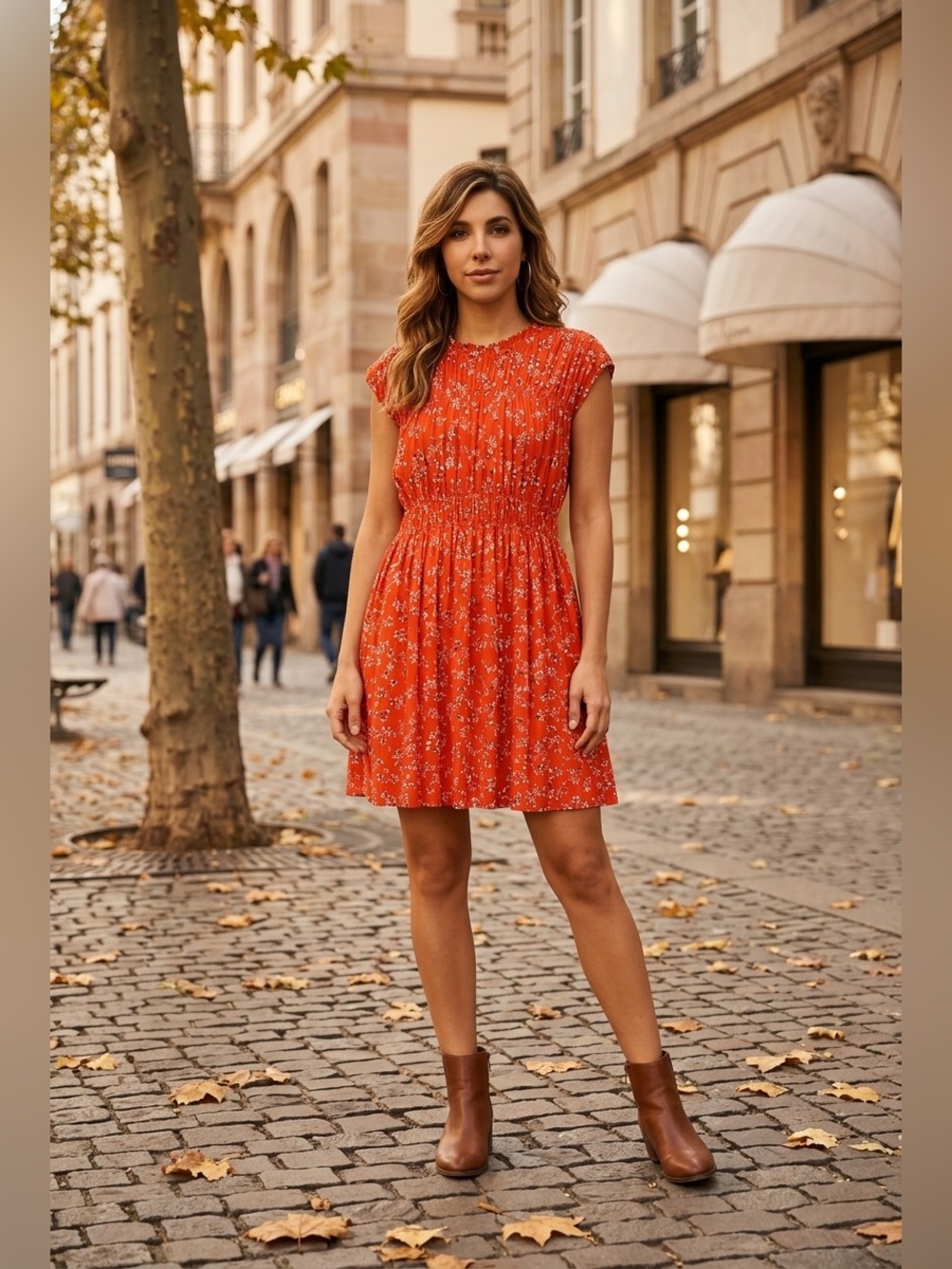 #186 Ann TaylorOrange Floral Sleeveless Smocked-Waist Dress